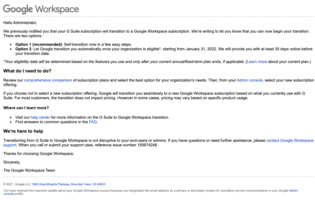 Email from Google regarding transitioning to Google Workspace