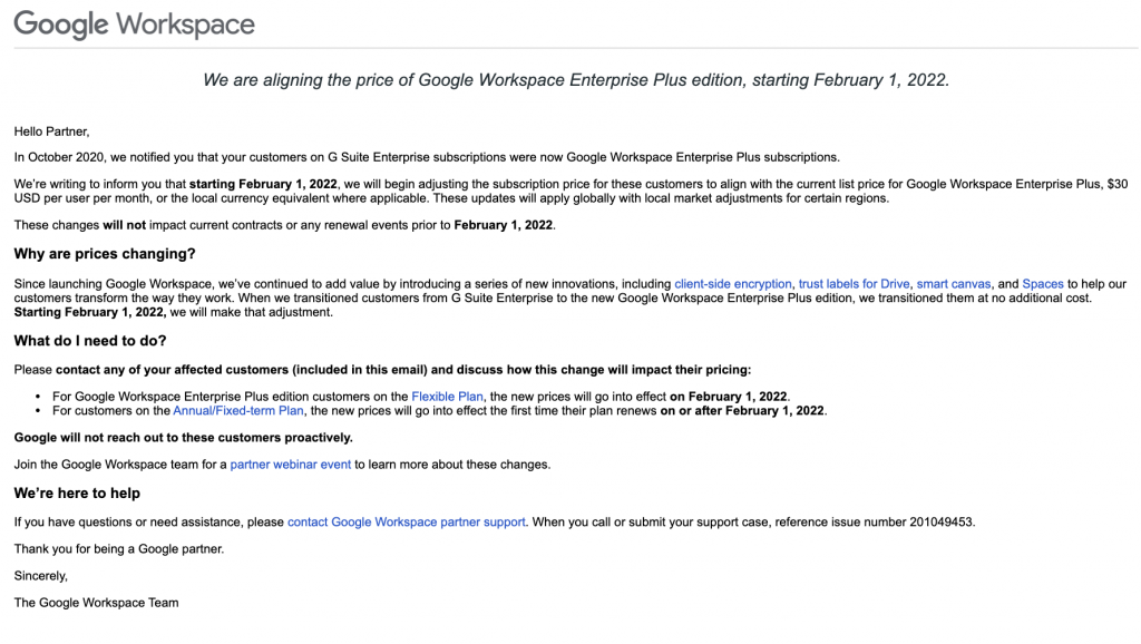 구글 워크스페이스 엔터프라이즈 고객 가격 변동 공지 이메일 샘플
